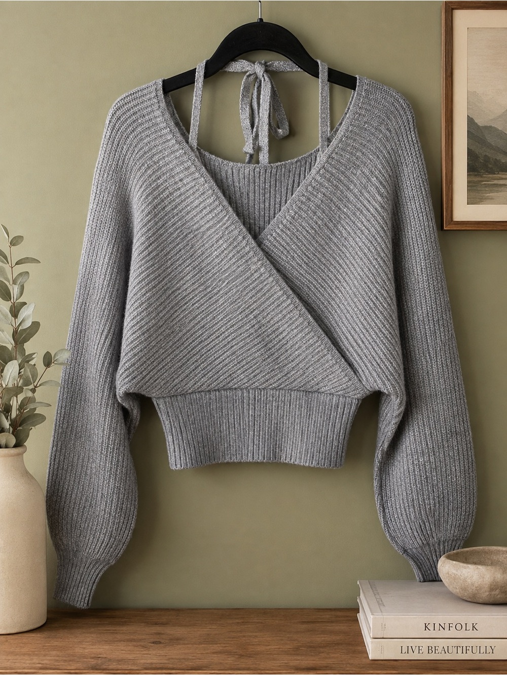 COMMENSE Gray Wrap Sweater S Tie Back Cropped Balletcore Dolman Sleeve Soft Girl